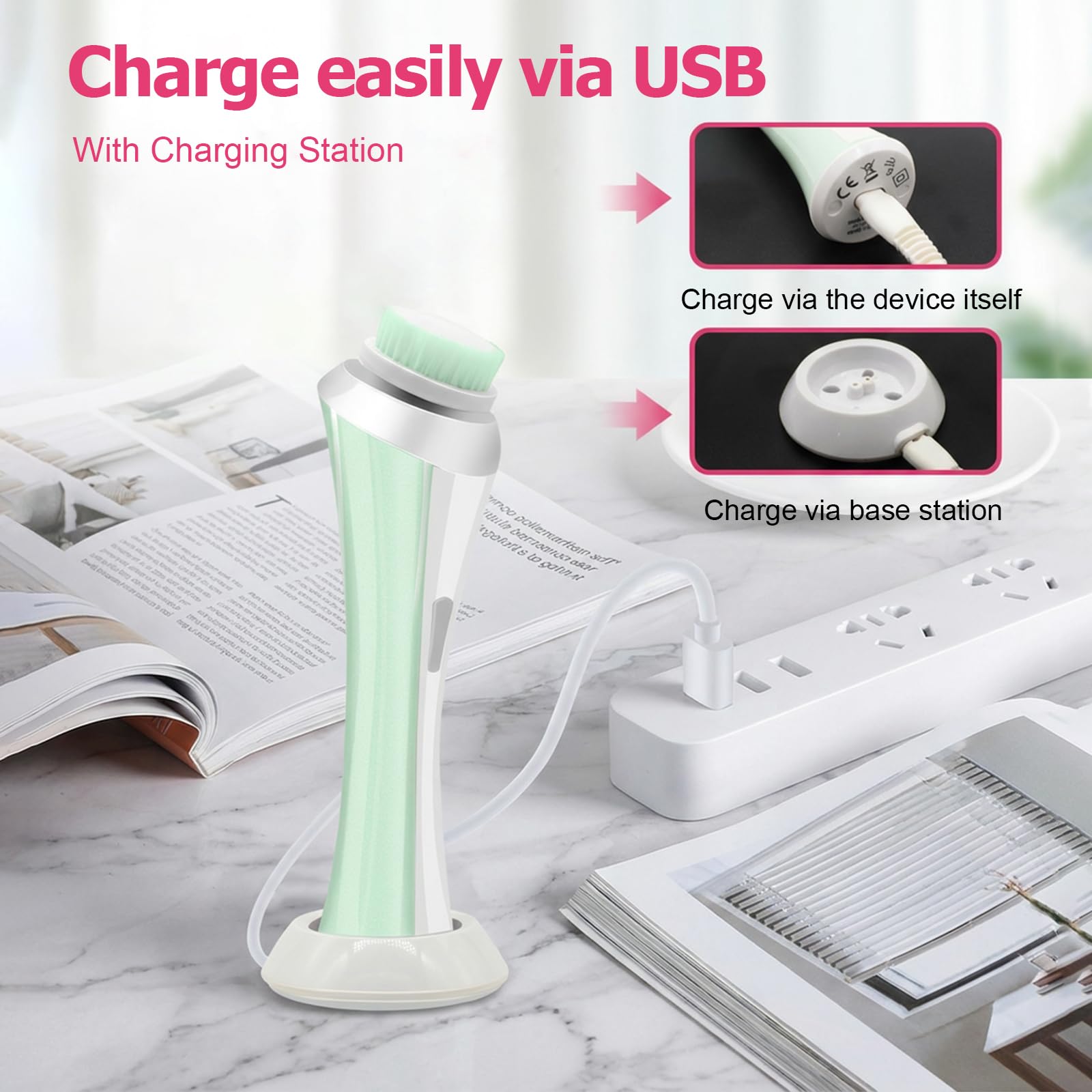 Gesichtsreinigungsbürste, Elektrischer Gesichtsschrubber mit 4 Bürstenköpfen, Wiederaufladbare USB-Ladestation, IPX4 Wasserdicht, 8000 U/min Dual Speed, Tiefenreinigung & Peeling für alle Hauttypen