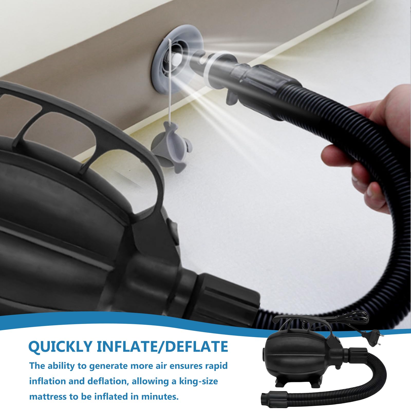 Pompa per materasso ad aria, 17 × 11 × 13 cm, 600 W, pompa elettrica Airtrack, materasso ad aria, pompa ad aria elettrica con 5 ugelli per casa e esterni, colore nero, gonfiaggio rapido in plastica
