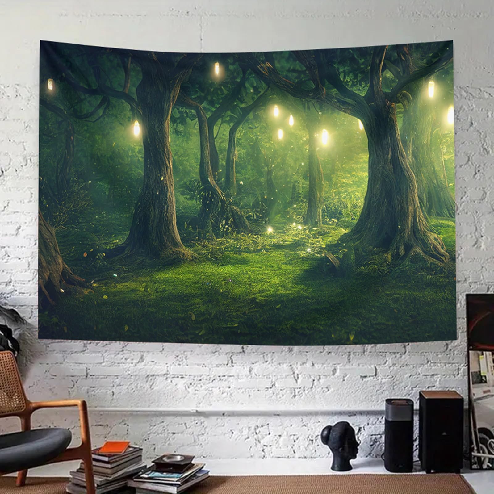 BCughia Dekoracja ścienna 200 x 200 cm, dywan ścienny, zielone drzewo, gobelin, noc, las, chusta na ścianę, natura, krajobraz, dekoracja ścienna do salonu, sypialni