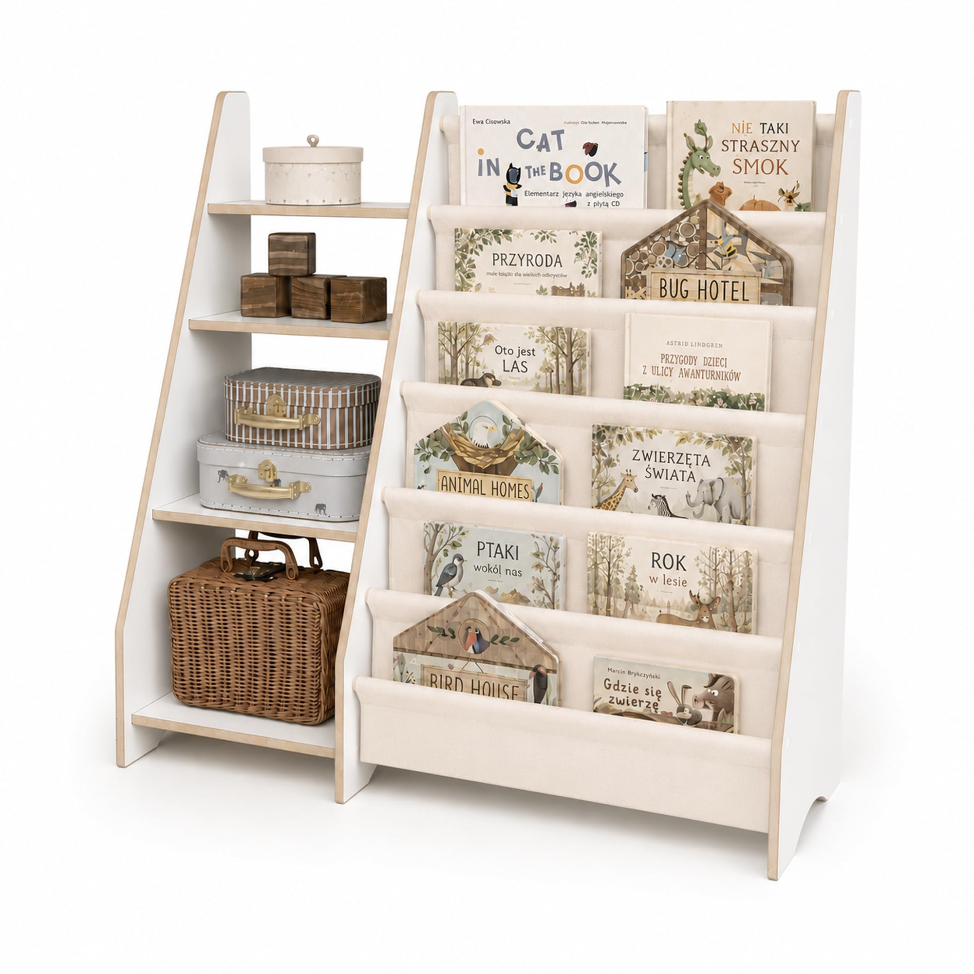 MAMOI Scaffale per libri e giocattoli per bambini, funzionale 2 in 1, organizer con ripiani e borse in tessuto, biblioteca per bambini, mobili in stile Montessori, 100% ecologico, prodotto nell'Unione