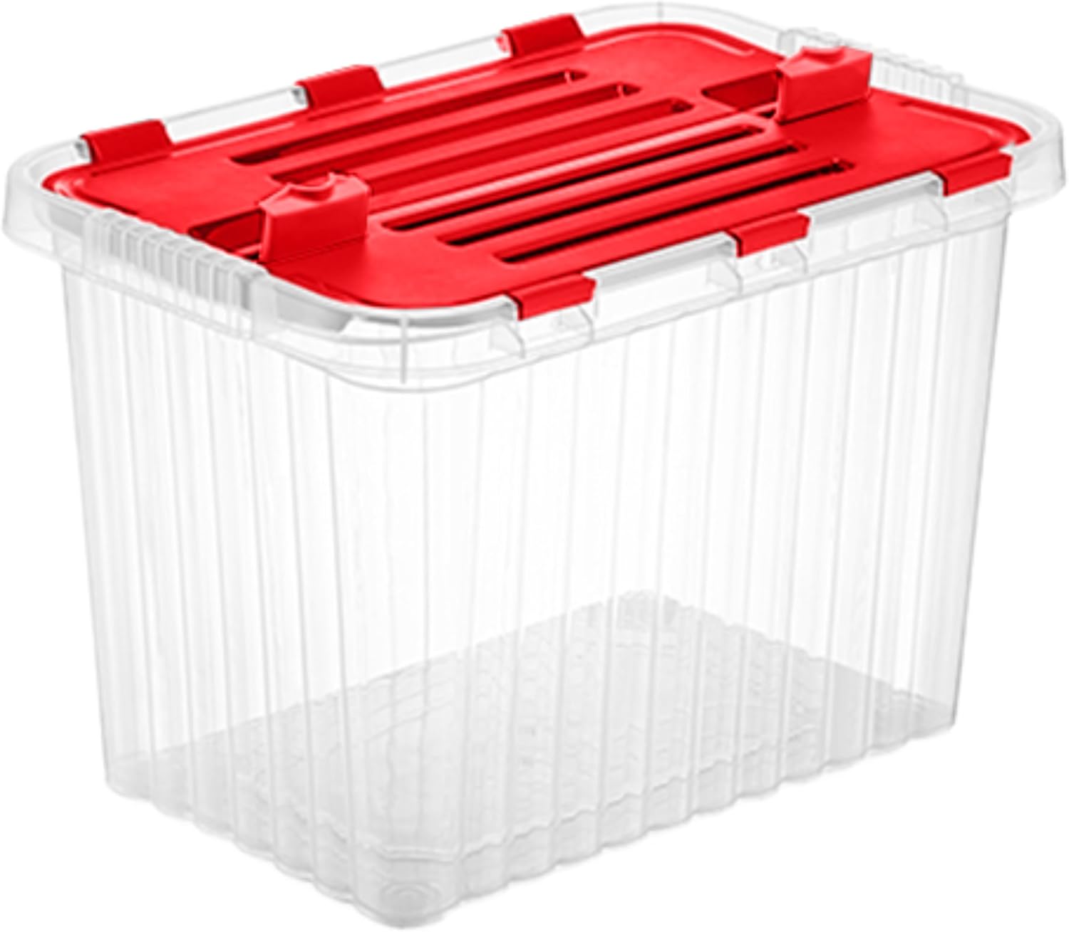 Superio Christmas Storage Box with Red Hinged Lids, Plastic Container Bins for Organizing with Attached Lid, Stackable Crates, BPA Free, Organizers for Home, Office, and Dorm (20.25"x14"x14.6") Clear with Red Lids 20.25"x14"x14.6"