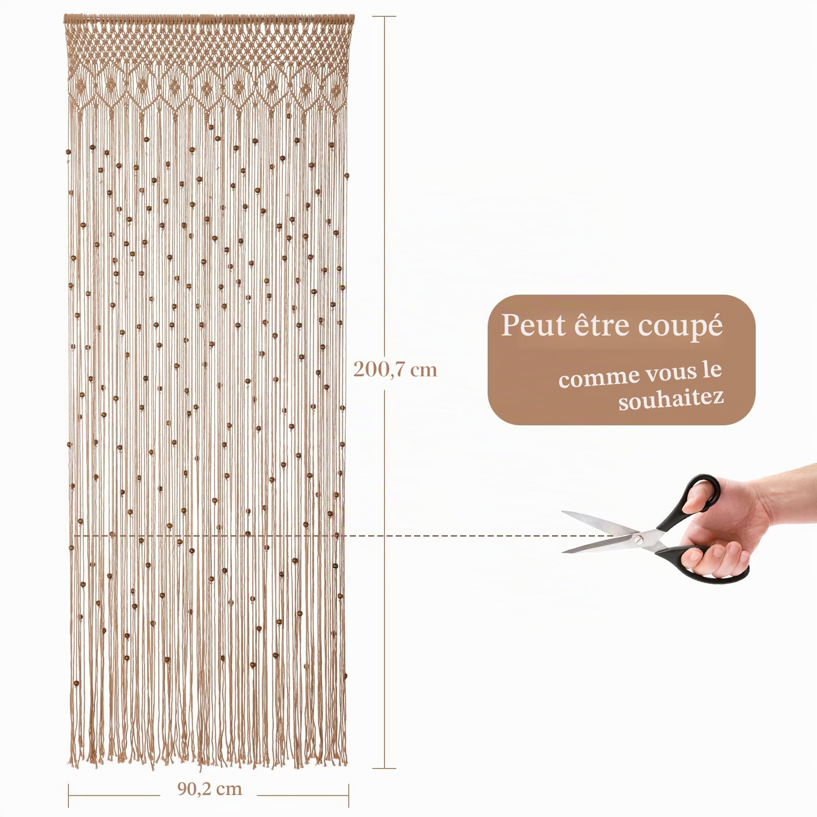 BECHAEO Rideau en macramé bohème avec perles en cordon, rideau de porte en tissu fait main avec perles en bois pour fenêtre, porte, placard ouvert, chambre, salon, décoration intimité, 200,7 cm L x