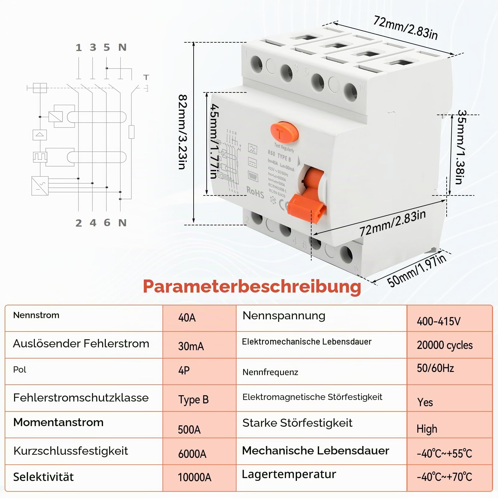 FI Schutzschalter Typ B 40A 30mA 4-Polig für Wallboxen, Fehlerstromschutzschalter Typ B Ladestationen und Sicherungsautomaten, DIN Hutschiene Montage