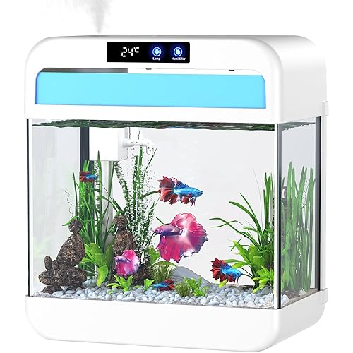Fish Tank 2.2 Gallon Aquarium Tank Kit,with 3 Color Auto-Looping Light,Fish Bowl with Humidifier Pump,Fish Tank Small Aquarium,Temperature Display, Humidifier Function for Aquariums Starter Kits