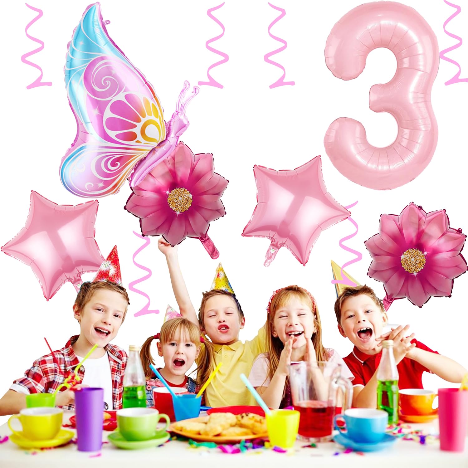 17-teiliges Schmetterlings-Ballonset Zum 3. Geburtstag - Mit Riesiger Zahl 3, Bunt, Rosa, Folienballons