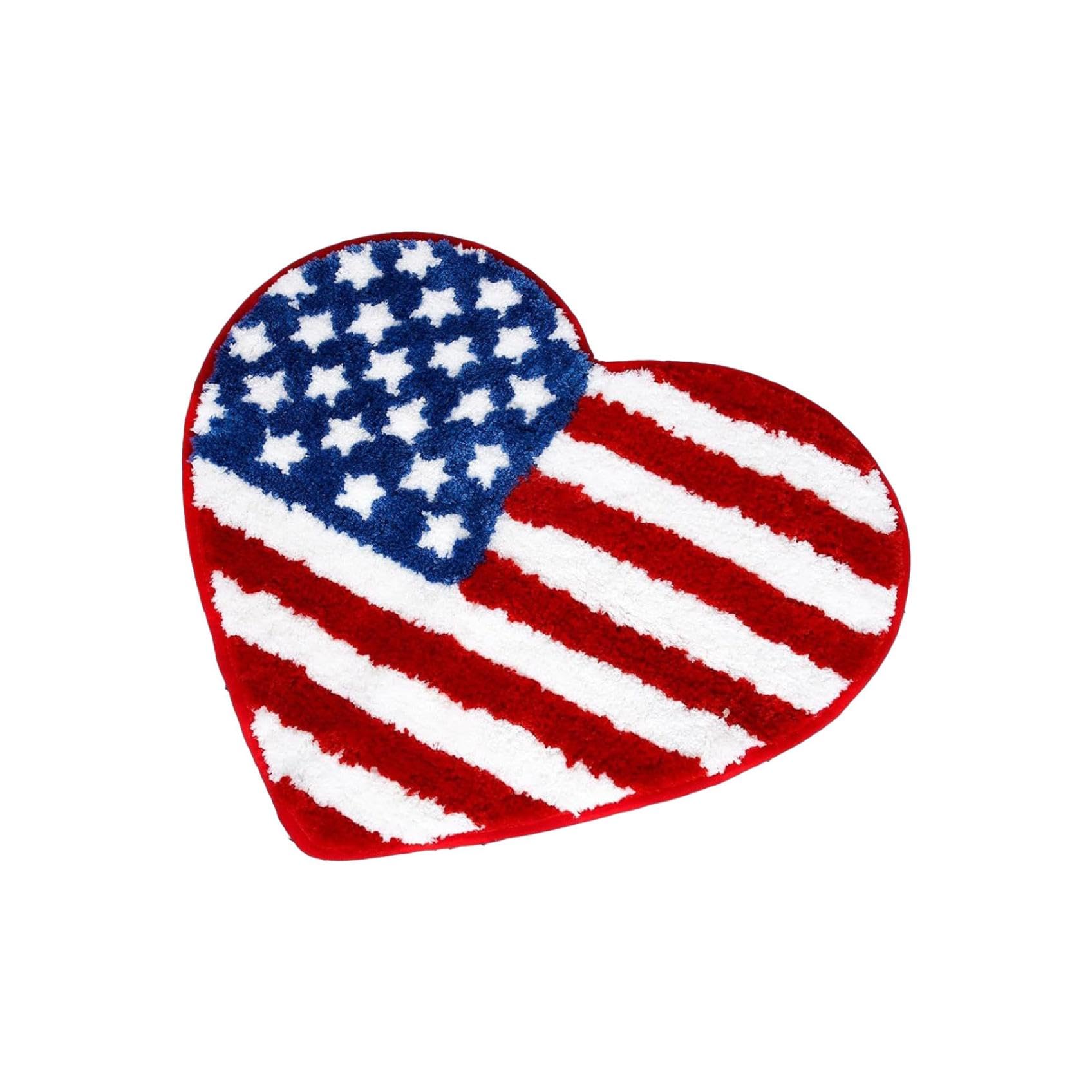 16 Inch Heart Shaped American Flag Bathroom Rugs Non Slip Patriotic Bath Rug 4th of July Decorations Red White and Blue Stars Stripes Door Mat