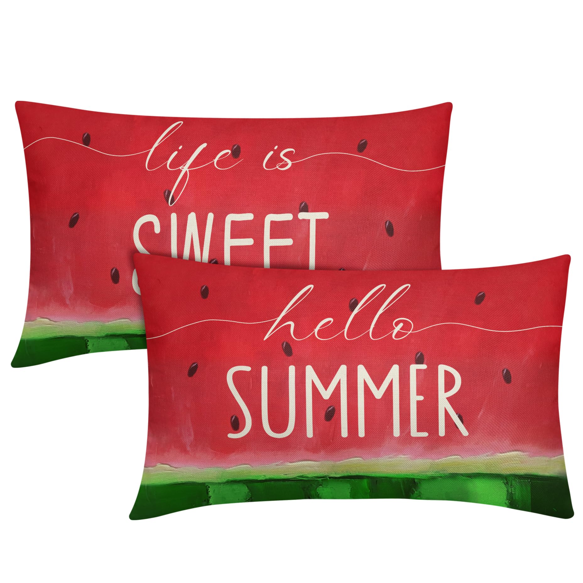 Watermelon Pillow Covers 12x20 Inch Set of 2 Hello Summer Cotton Linen Decorative Throw Pillow Case Fruit Sweet Home Cushion Covers for Bedroom Sofa
