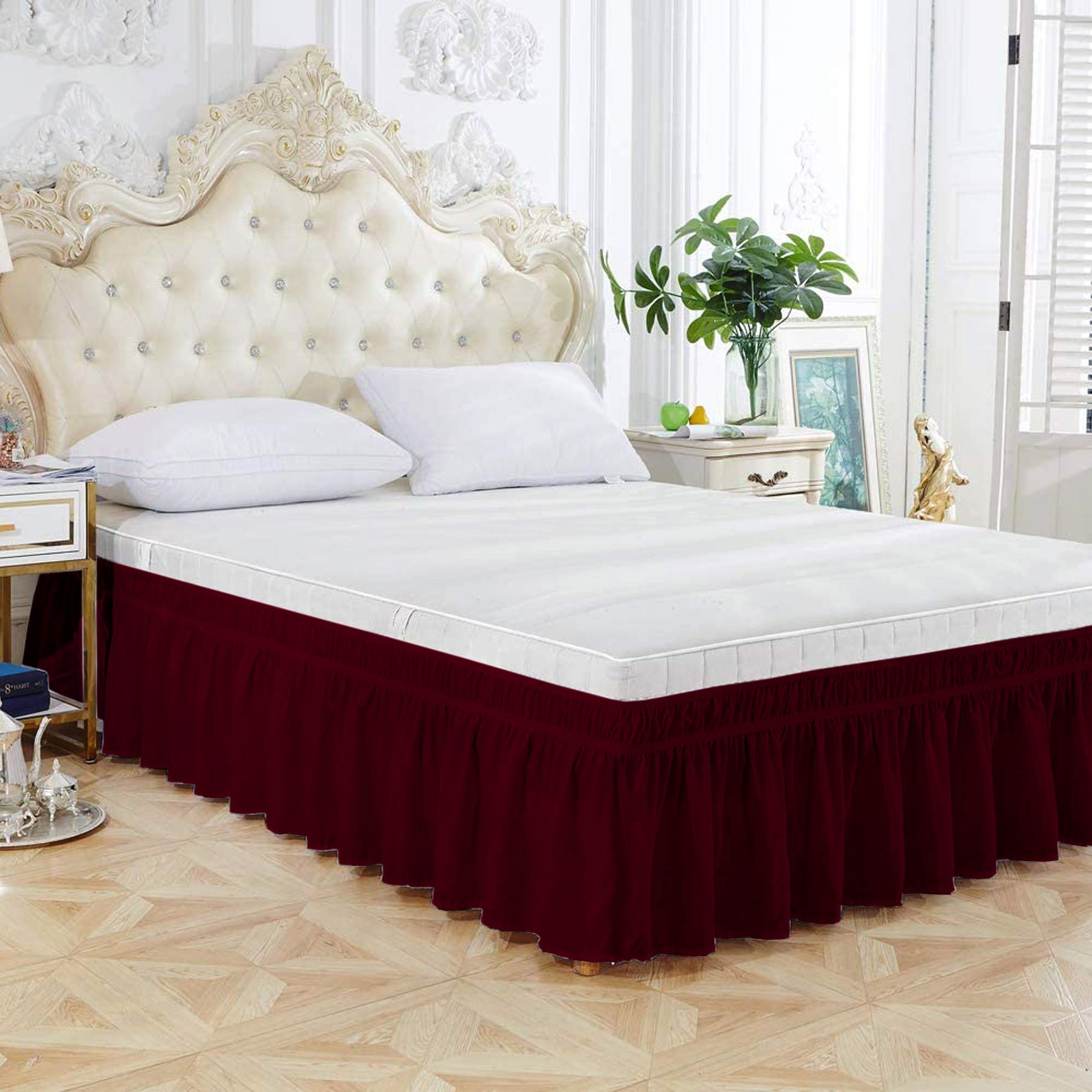 Wrap Around Bed Skirt King Size (78" W x 80" L) Microfiber 1800 Thread Count with Adjustable Three Fabric Sides Elastic Belts, Easy Fit Bed Skirt - 10" Height (Burgundy Solid) Color-image-26