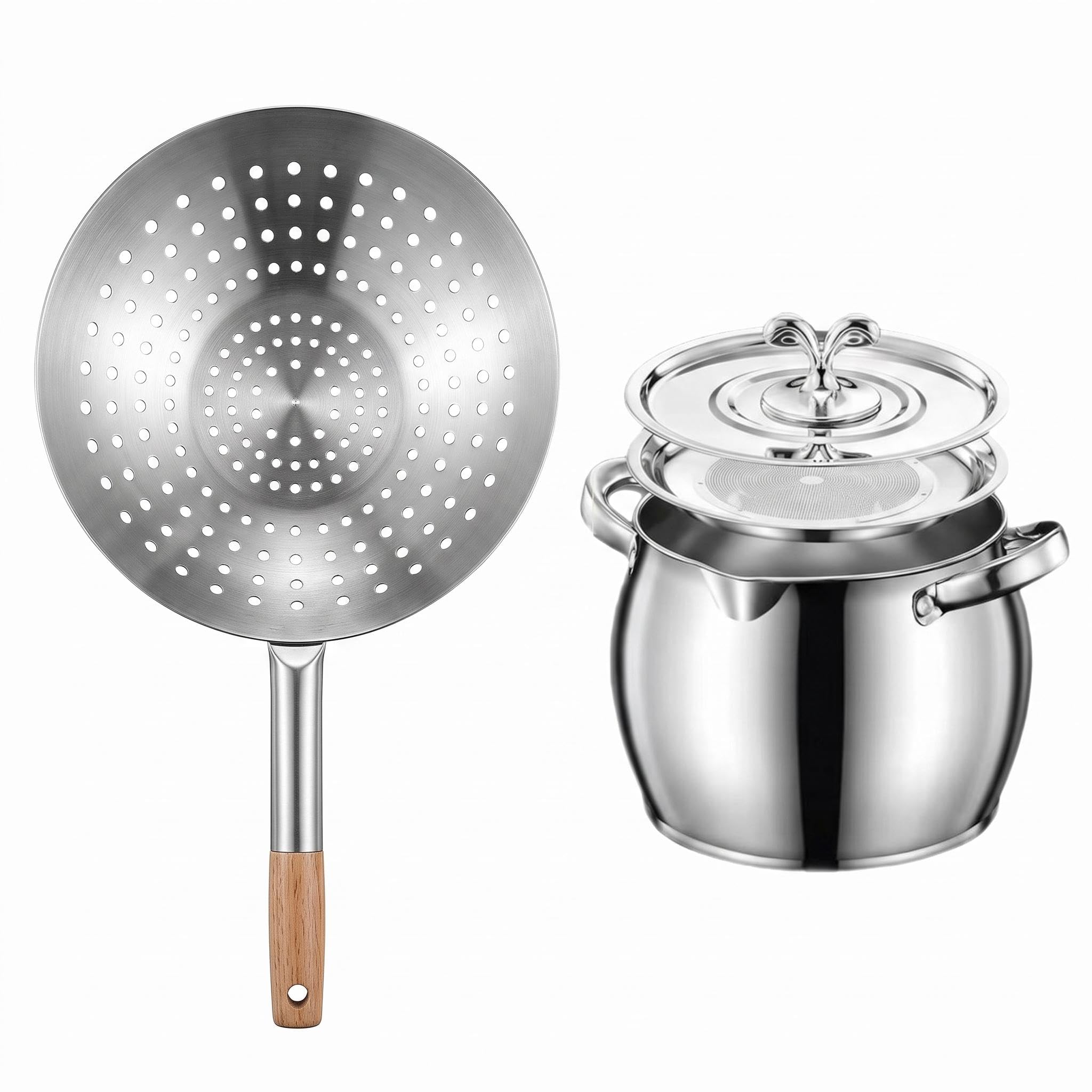 Gralara Mestolo Scolapasta in Acciaio Inox con Beccuccio Versatore Incorporato E Schiumarola a Maglia Fine per Filtrare E Scolare I Ravioli Dalla Friggitrice.