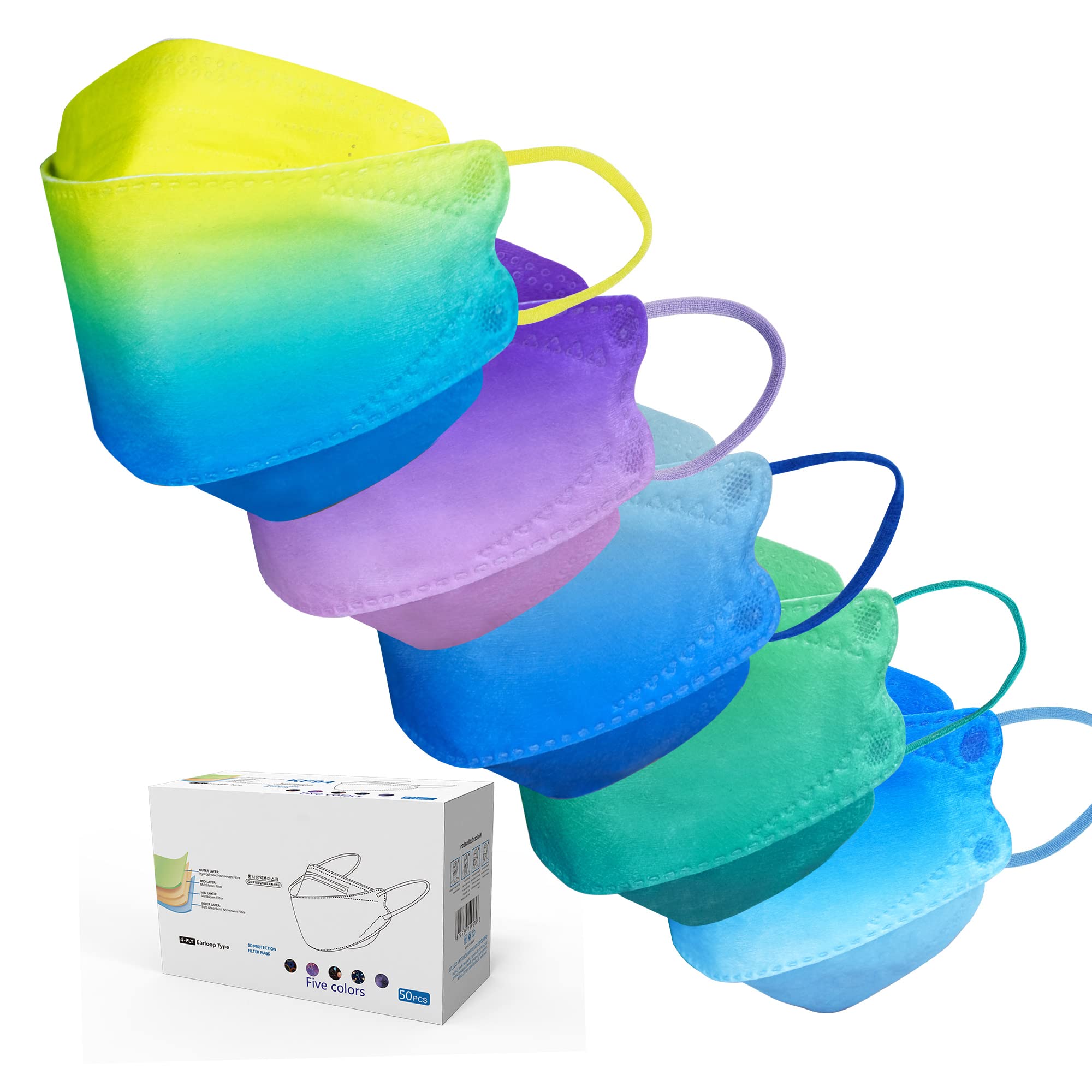 LUCIFER Face Mask, Gradient Multicolor Disposable Face Mask For Women Men, Individual Packs, 50 Pack 4-Ply Adult Masks With Comfortable Earloops & Adjustable Metal Nose Strip