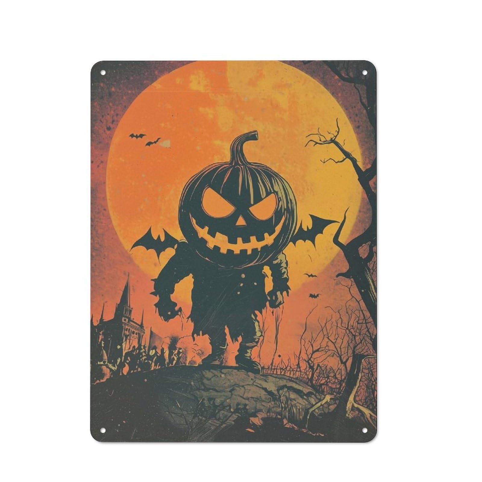 Junmoney Halloween Pumpkin Monster Industrial Metal Sign 40X30cm, Clean Industrial Loft Wall Plaque For Modern Home, Workshop, Office Or Cafe