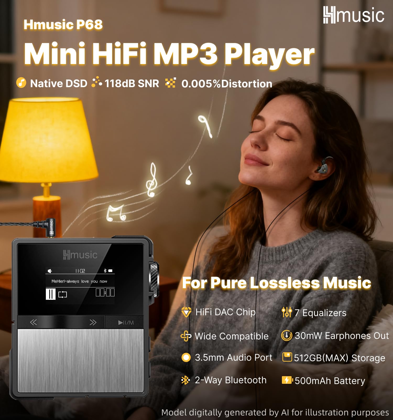 Hmusic Lettore MP3 HIFI con clip rimovibile | Cablato/Bluetooth, DAC, Audio ad alta risoluzione senza perdita, Lettore DSD/FLAC/DAP