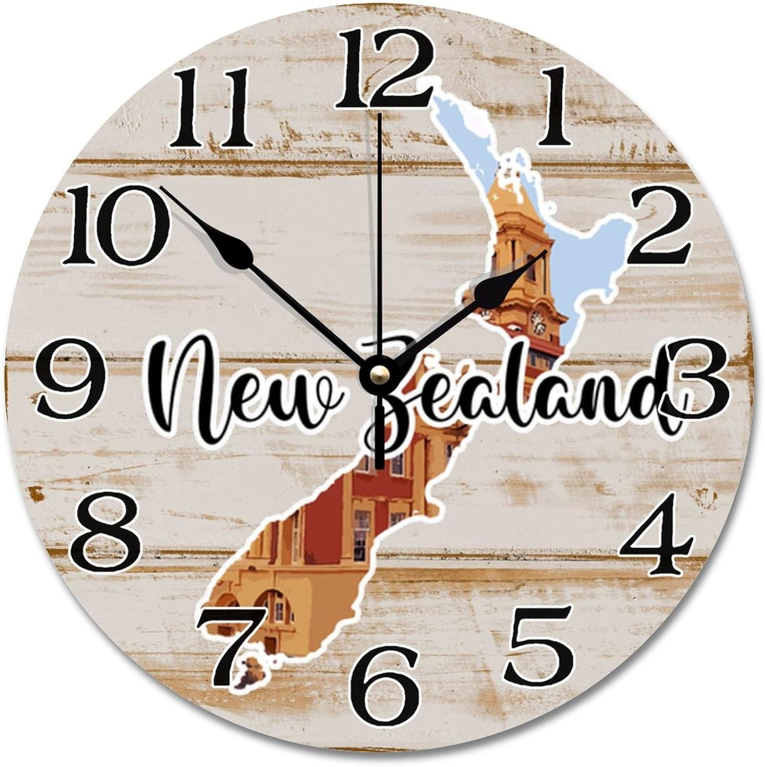New Zealand Map Travel Wall Clock New Zealand Cityscape Tourist Attractions 12 Inch Wooden Wall Clocks Battery Operated Quiet Farmhouse Hanging Clock Wall Decor Gift for Foreign Friend