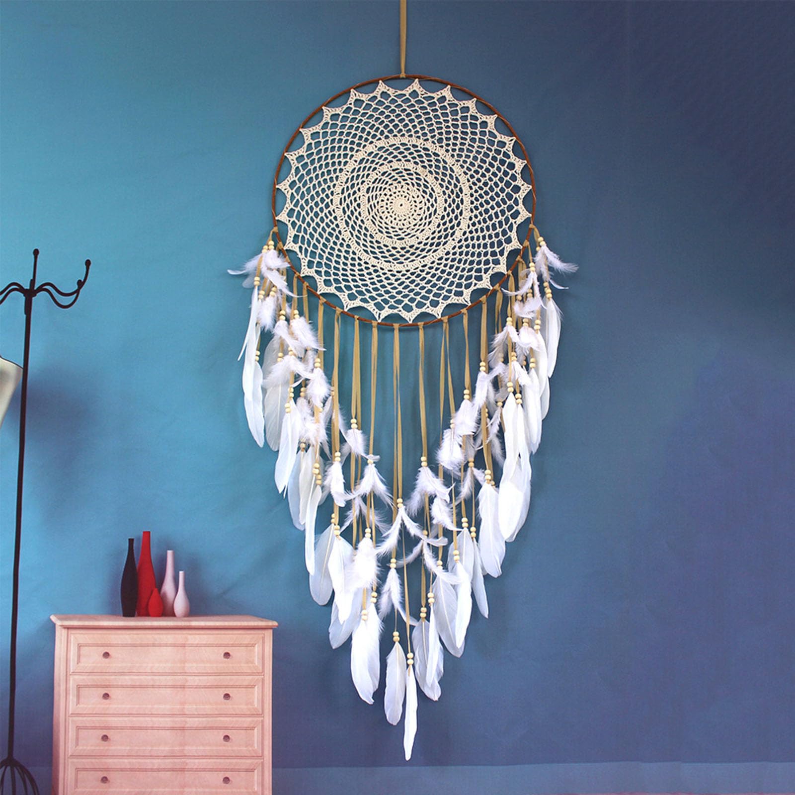 Europäischer und amerikanischer kreativer Haken-Blumen-Traumfänger, Feder-Windspiel, Dekoration für Zuhause, Veranda-Innendekoration, Hochzeitshintergrund, großer Anhänger