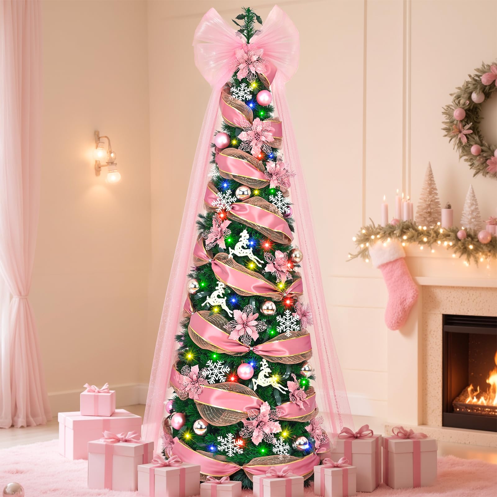 Uspring 6 FT Pop Up Christmas Tree with Lights, Artificial Collapsible Pink Christmas Trees with Remote Control & Colorful LED Light, Pre Decorated Surround Ribbon, Ball Ornaments, Holiday Party Decor