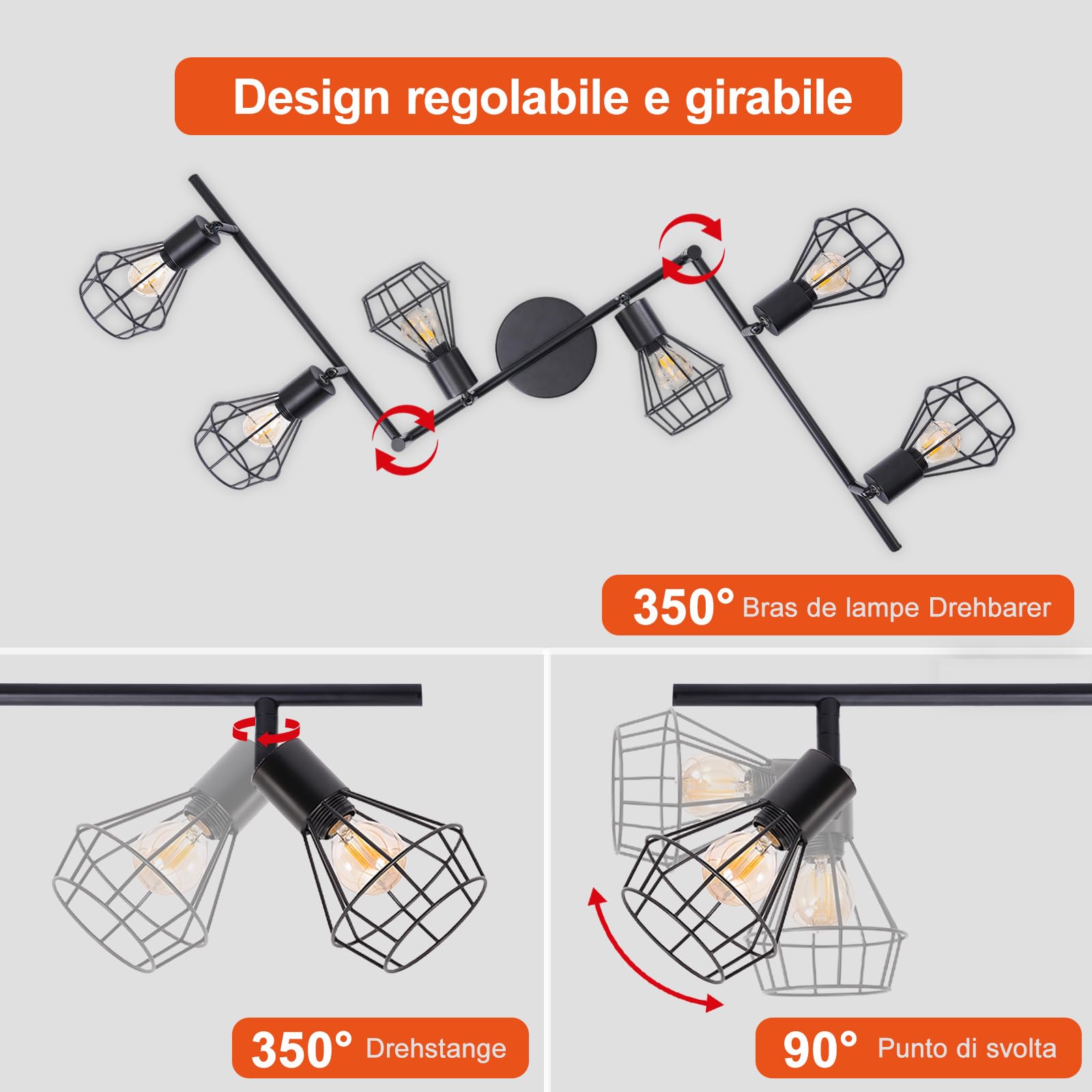 Lampada Bagno Soffitto 6 Faretti Orientabili Nero, Base E14 Gabbia Metallica Industriale, Lampadario Vintage per Soggiorno, Camera, Bagno (Senza Lampadine)