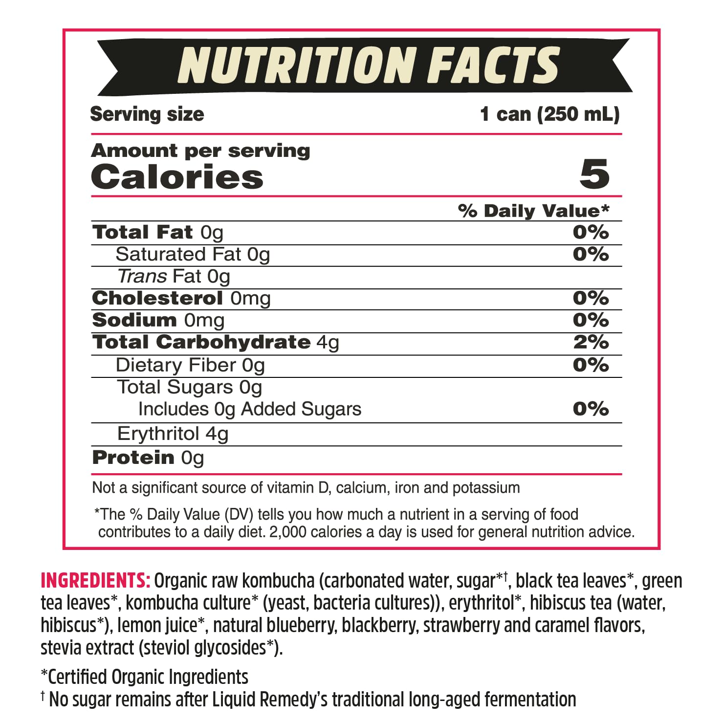 Liquid Remedy Kombucha Sugar Free Organic Drink, Low Calorie, Probiotic Like Tea for Gut Health - Mixed Berry - 8.5 Fl Oz Can, 24-Pack