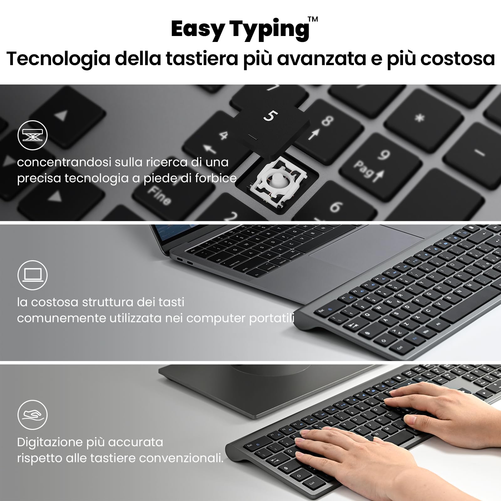 Tastiera e Mouse Wireless - cimetech Tastiera Wireless Ricaricabile 2.4G, Layout Italiano QWERTY, Tastiera Design Ergonomico, Ultra Sottile per Computer/Desktop/PC/Laptop/Windows 10/8/7 (Grigio)