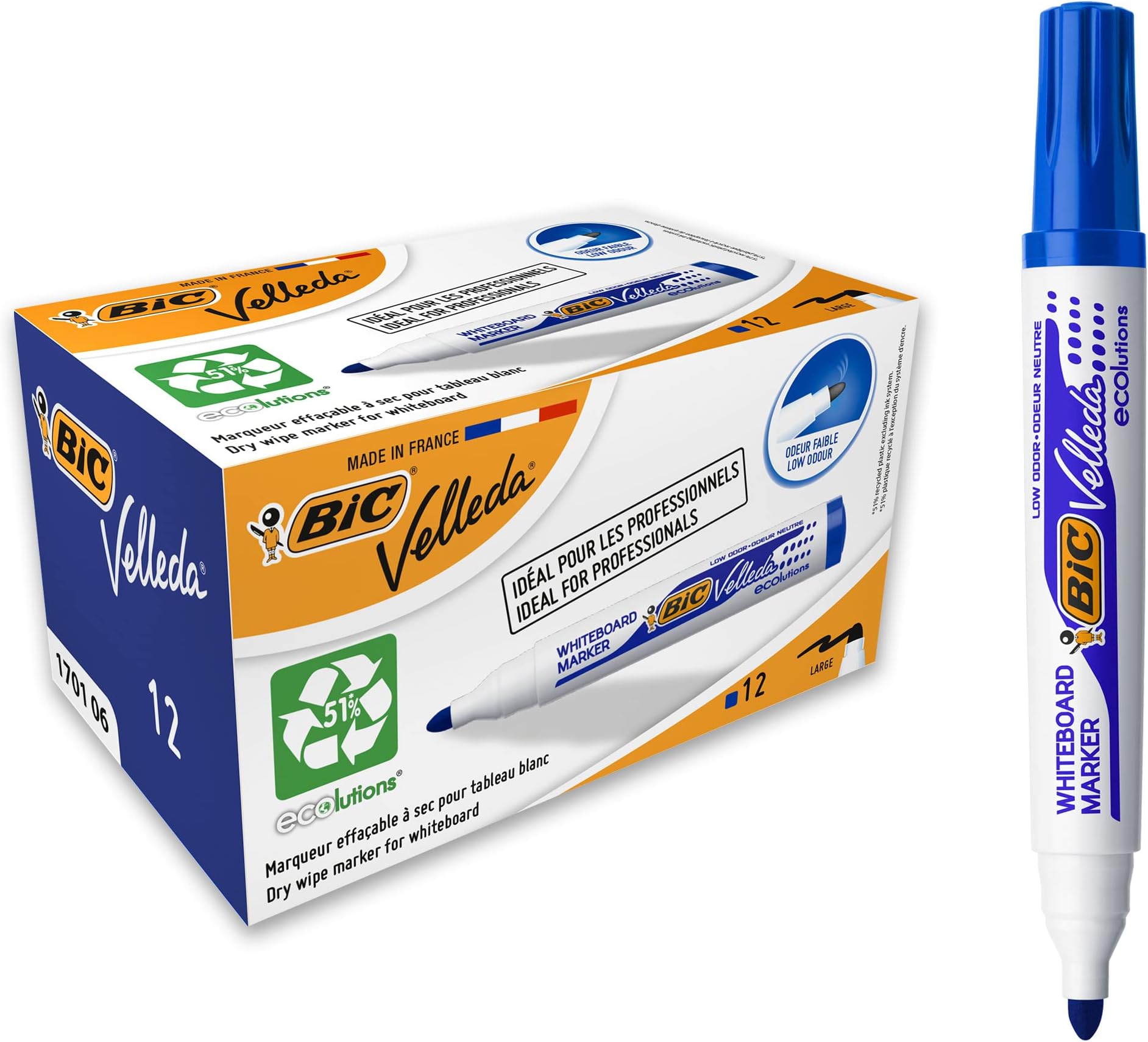 Velleda 1701 Ecolutions Whiteboard Pens, Blue - Box of 12 - Dry Erase Pens for Whiteboards in School or Office