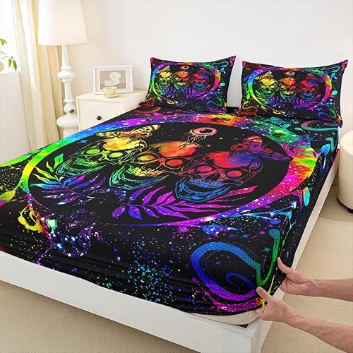 Miniatura 5 de Erosebridal Sábanas de cama de teñido anudado de arco iris, sábana bajera de calavera de la muerte, tamaño Queen, juego de ropa de cama de galaxia