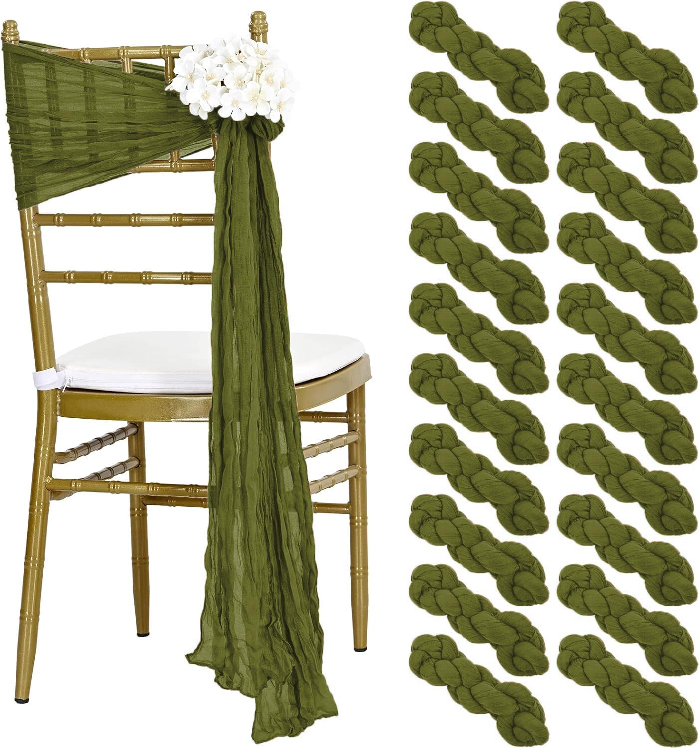 mds Christmas Cheesecloth Chair Sashes 17x70 Inch - Pack of 10 - Rustic Gauze Chair Bows for New Year Holiday Party, Harvest Dinner, Thanksgiving, Wedding, Banquet Farmhouse Home Décor - Olive Green