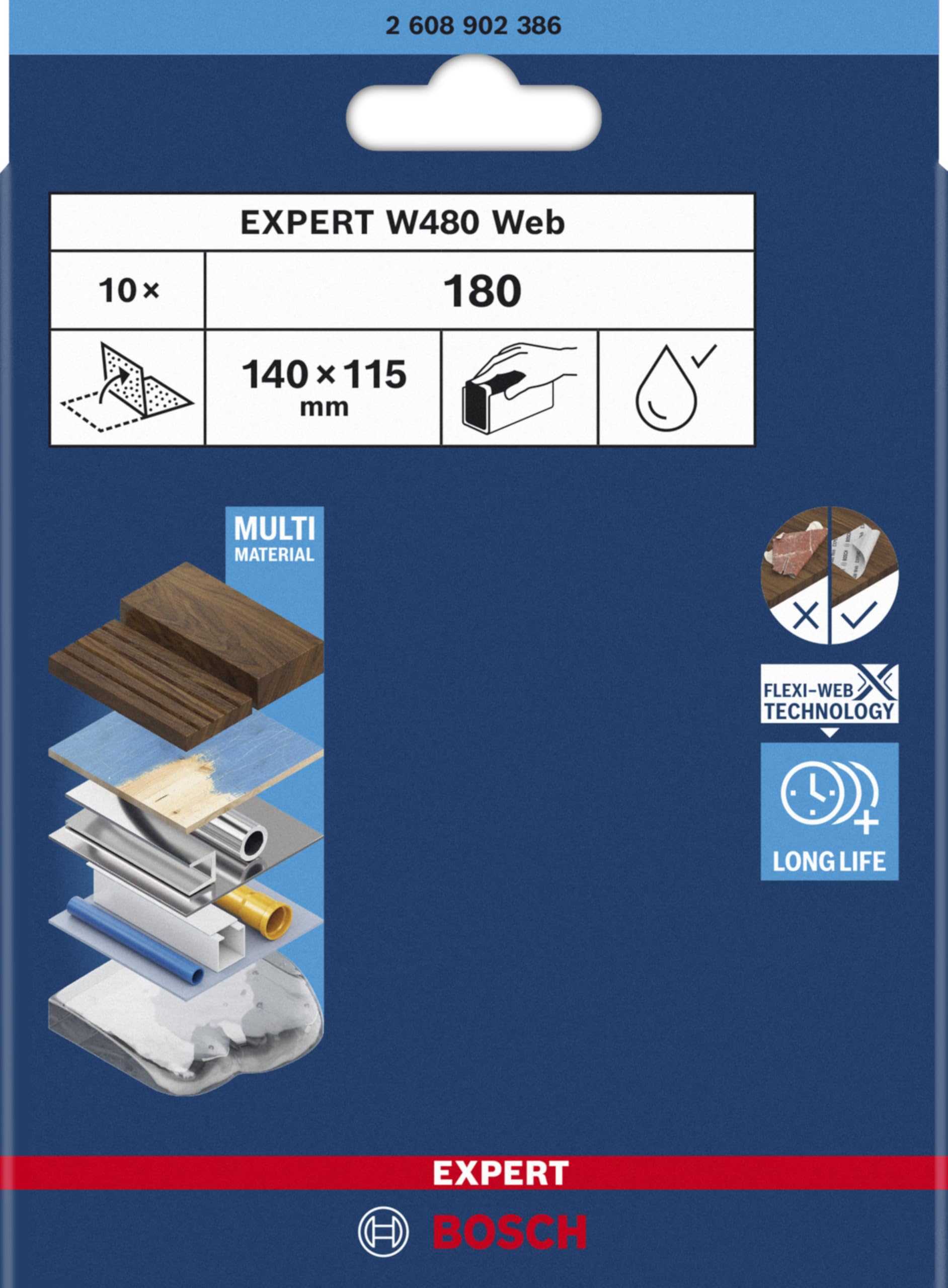 Bosch 10x EXPERT W480 Web 1/4 tarcza szlifierska ręczna (do twardego drewna, farba na drewnie, Ø 115 x 140 mm, ziarnistość 180, profesjonalne akcesoria do szlifowania ręcznego)