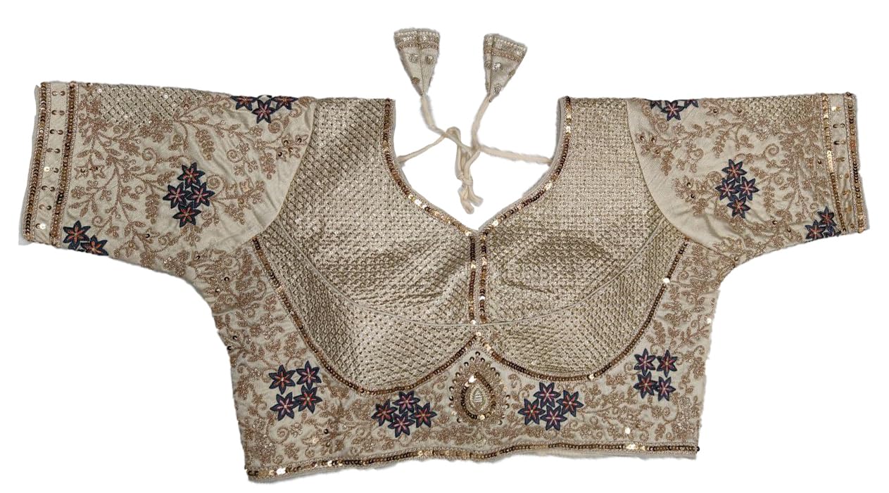 Pujia Mills Women's Readymade Bridal Kapdu Blouse Designe Embroidery Golden Coding Glitter Sequence Thread Work Indian Ethnic Designer Stitched Half Sleeve For Women Bridal Lehenga Choli
