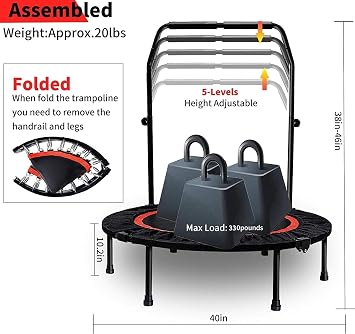 Foldable Mini Exercise Trampoline & Adjustable Handle (40 inch Round Black)