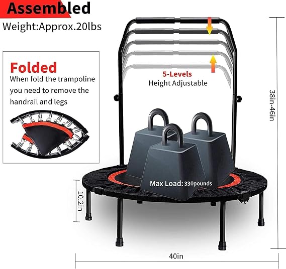 Foldable Mini Exercise Trampoline & Adjustable Handle (40 inch Round Black)