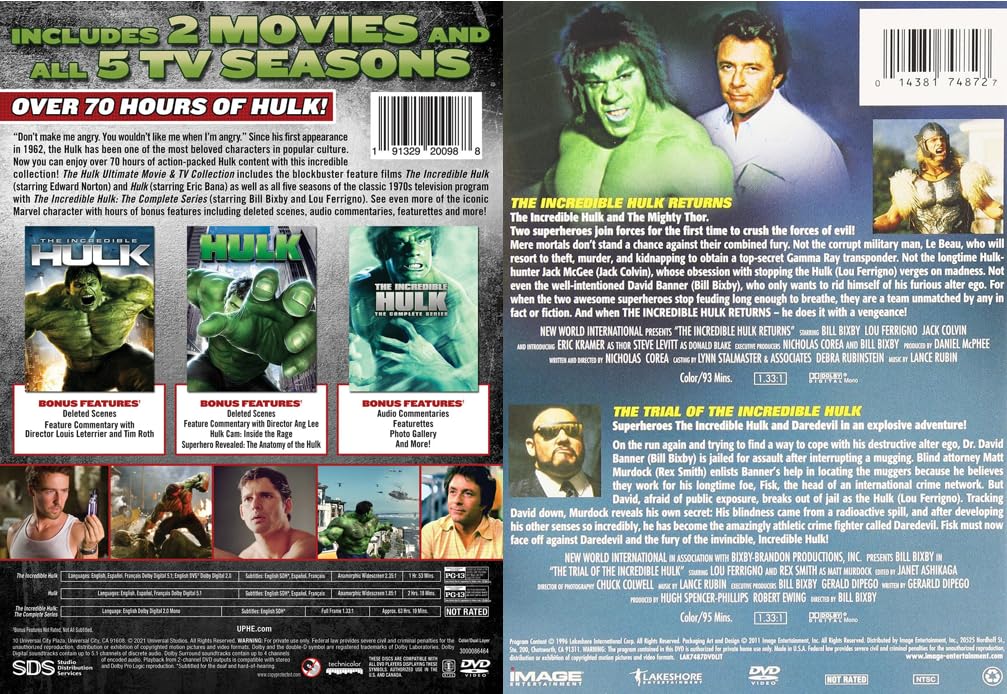 The Incredible Hulk: TV & Movie DVD Collection - Incredible Hulk: The Complete Series / Incredible Hulk (2008) / Hulk (2003) / Incredible Hulk Returns (1988) / Trial of Incredible Hulk (1989)