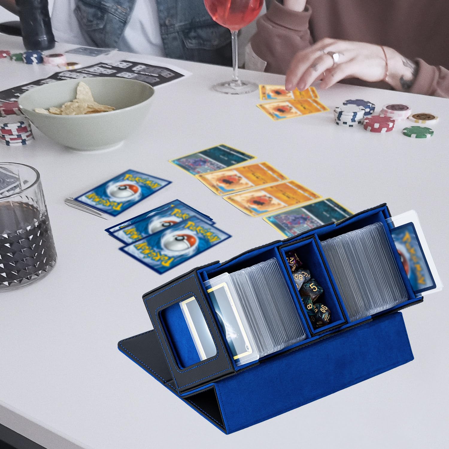 MTG Deck Box con scomparto e finestre di visualizzazione laterali, 3 in 1 Magnetic Card Box per contenere 200+ TCG Carte da Collezione, Blu e Nero