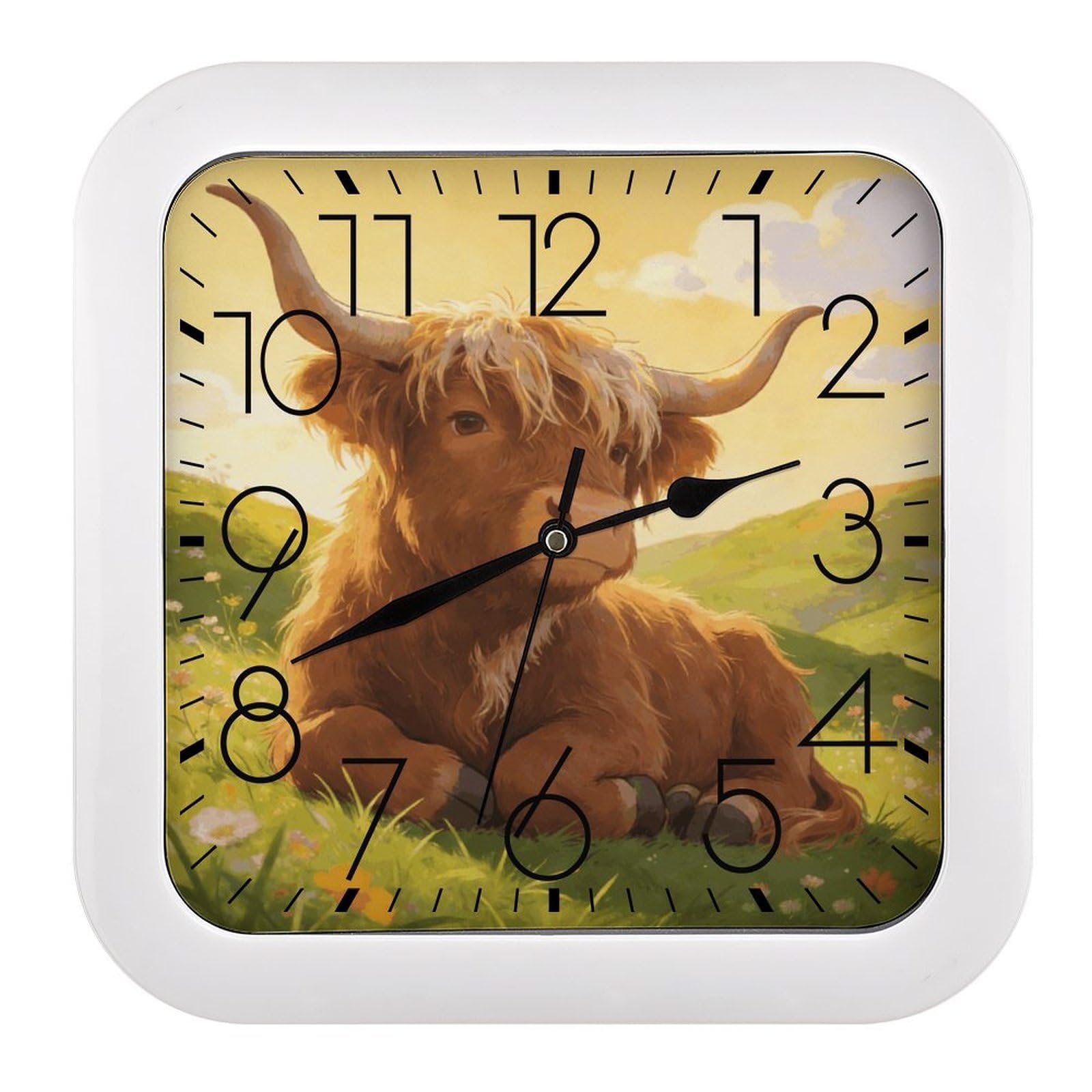 Fodpand Style Highland Cow Chillin Wall Clock,Battery Operated Modern Retro Rounded Square Clock Clock For Bedroom Living Room Office Home Gym Porch Decor Indoor Outdoor 10.2 * 10.2In