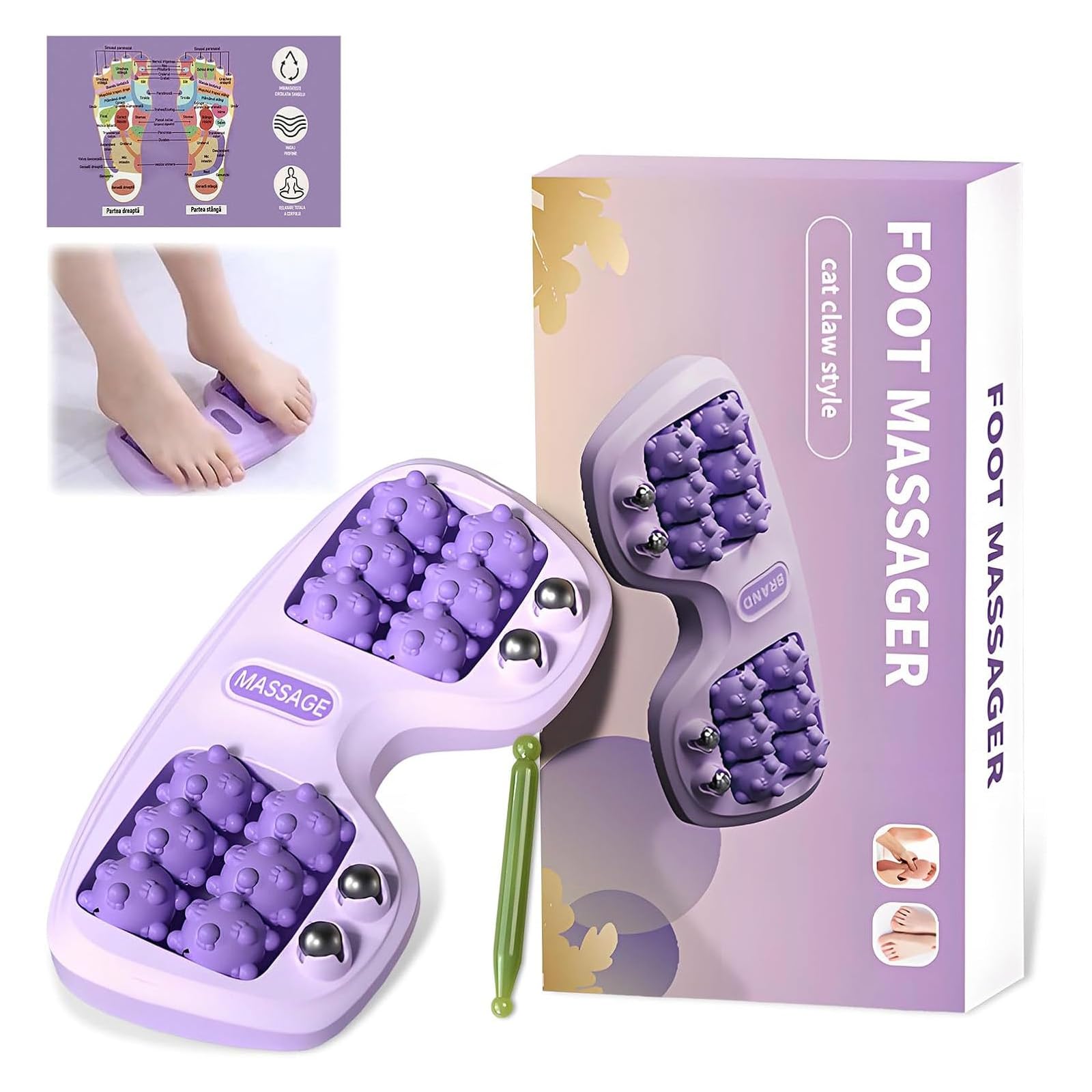 Fussmassageroller, Portable Dual Fussroller, Massageroller, Faszienrolle Fuß Für Plantarfasziitis Und Fußschmerzlinderung Mit Akupressur Massagestab und eine Akupressur-Tabelle (Lila)