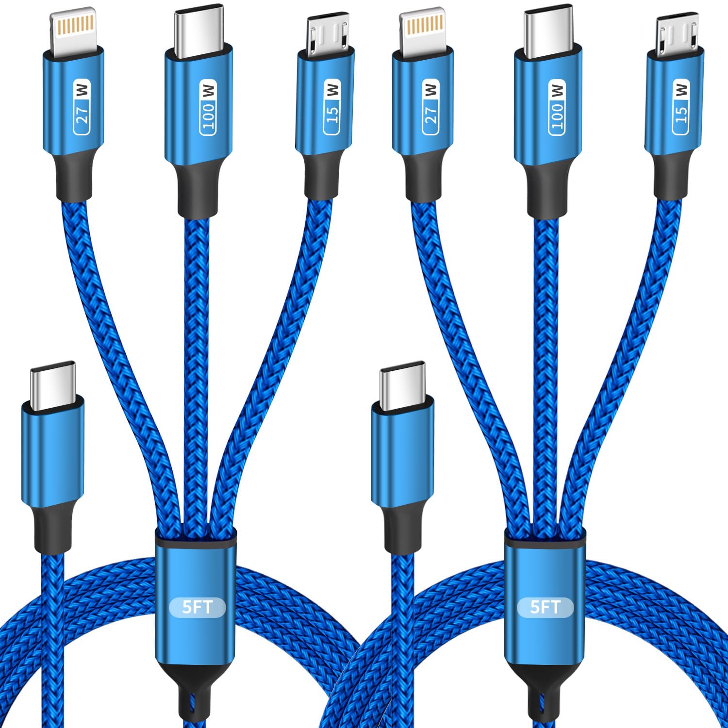 100W USB C Multi Charging Cable, 3 in 1 USB C Cable Fast Charging with E-Mark Chip, Universal Multiple Charger Cord with USB C, IP,Micro USB for