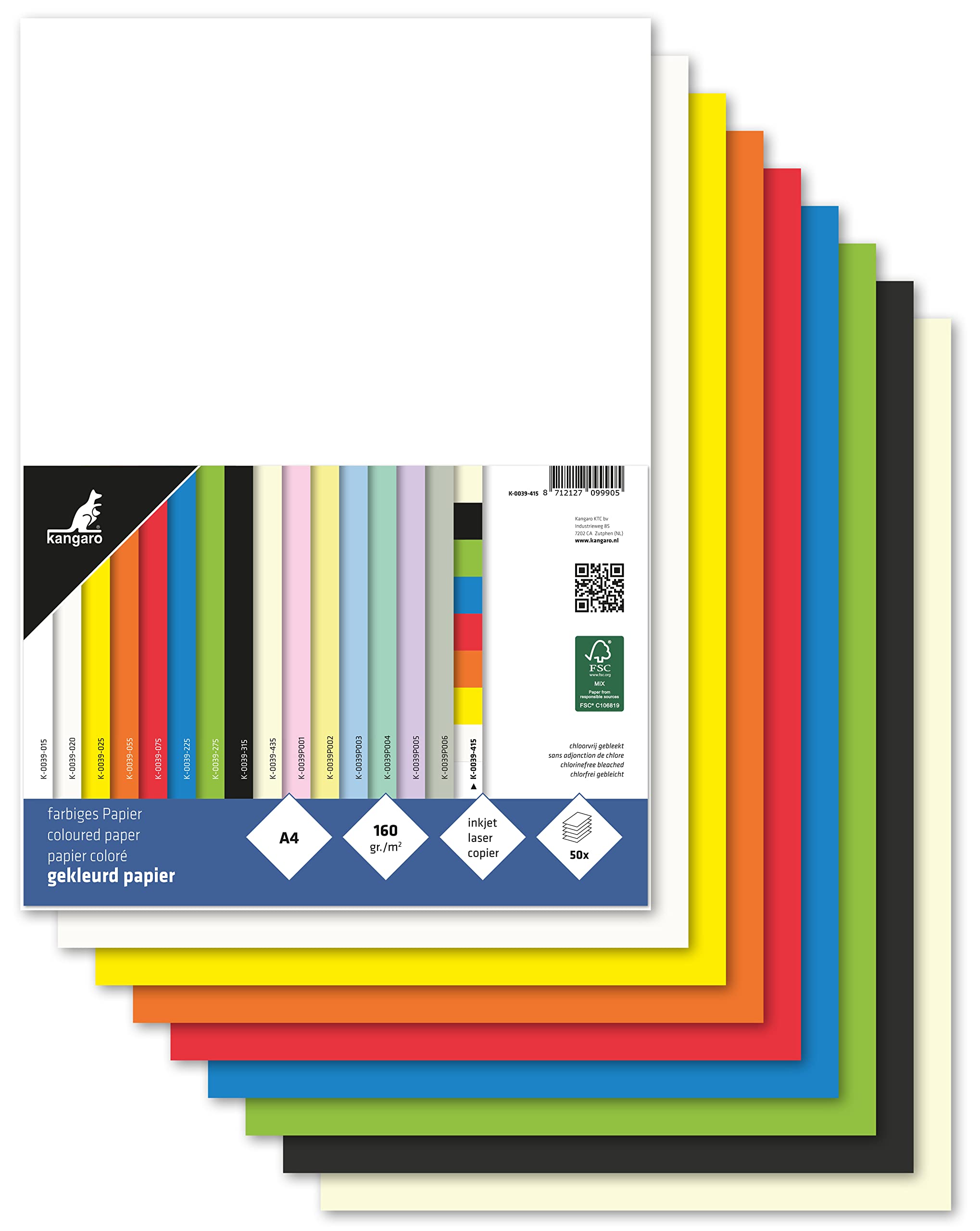 kangaro - Coloured Paper Colour Mix DIN A4-160 g/m² FSC Mix - 50 Pack - Stationery Craft Paper DIY, K-0039-415, 29.7 x 21 x 1