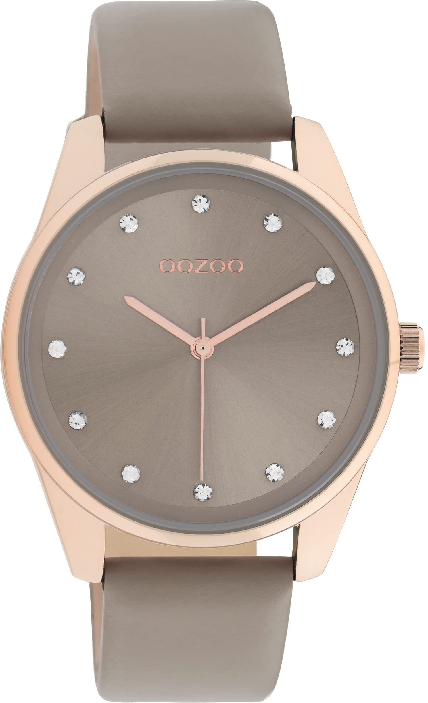 Reloj de mujer grande Oozoo con correa de cuero y esfera con 12 circonitas cúbicas de 42 mm de diámetro en diferentes variaciones, Oro rosa/pardo, Correas