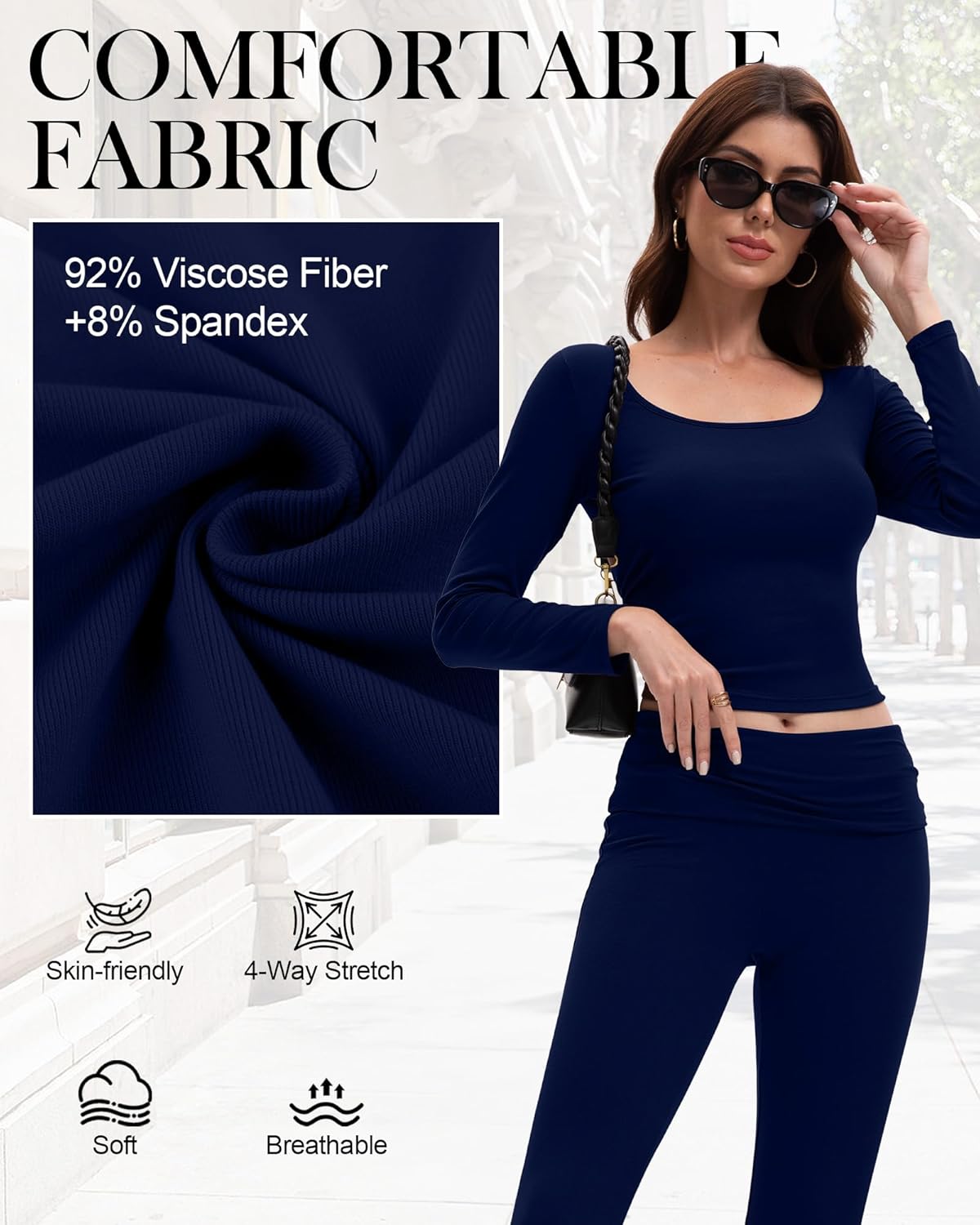 Women's 2 Piece Workout Sets Square Neck Long Sleeve Crop Tops Fold over Flare Leggings Casual Gym Pilates Yoga Set - Image 4