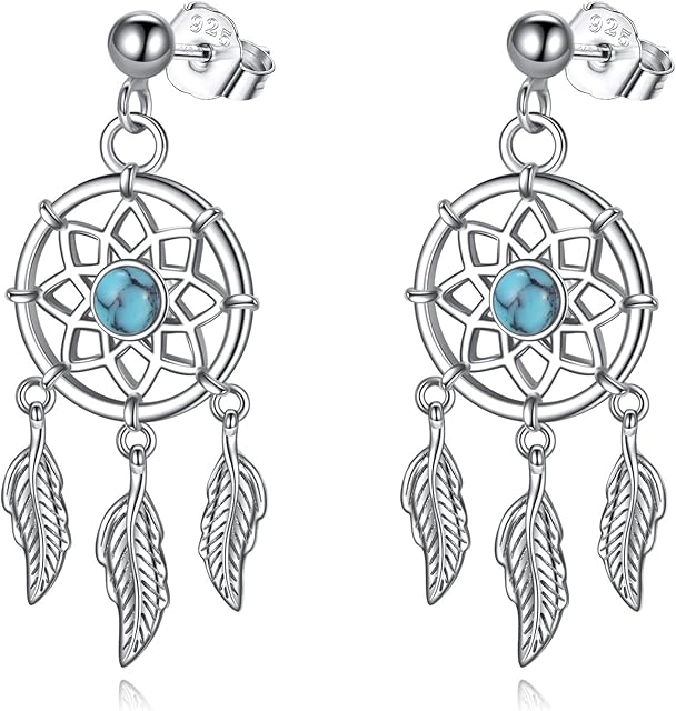 VONALA Dream Catcher Earrings for Women Girls Sterling Silver Turquoise Feather Drop Dangle Earrings Boho Dreamcatcher Jewelry Gift for Women Teens Girls