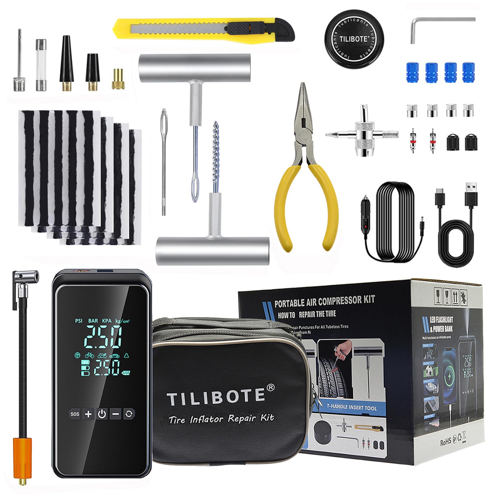TILIBOTE Tire Repair Kit,50PCS Tire Inflator Portable Air Compressor with 24000mwh Cordless Air Pump (150 PSI) for MPVs, Cars, E-Bikes and Motorcycles