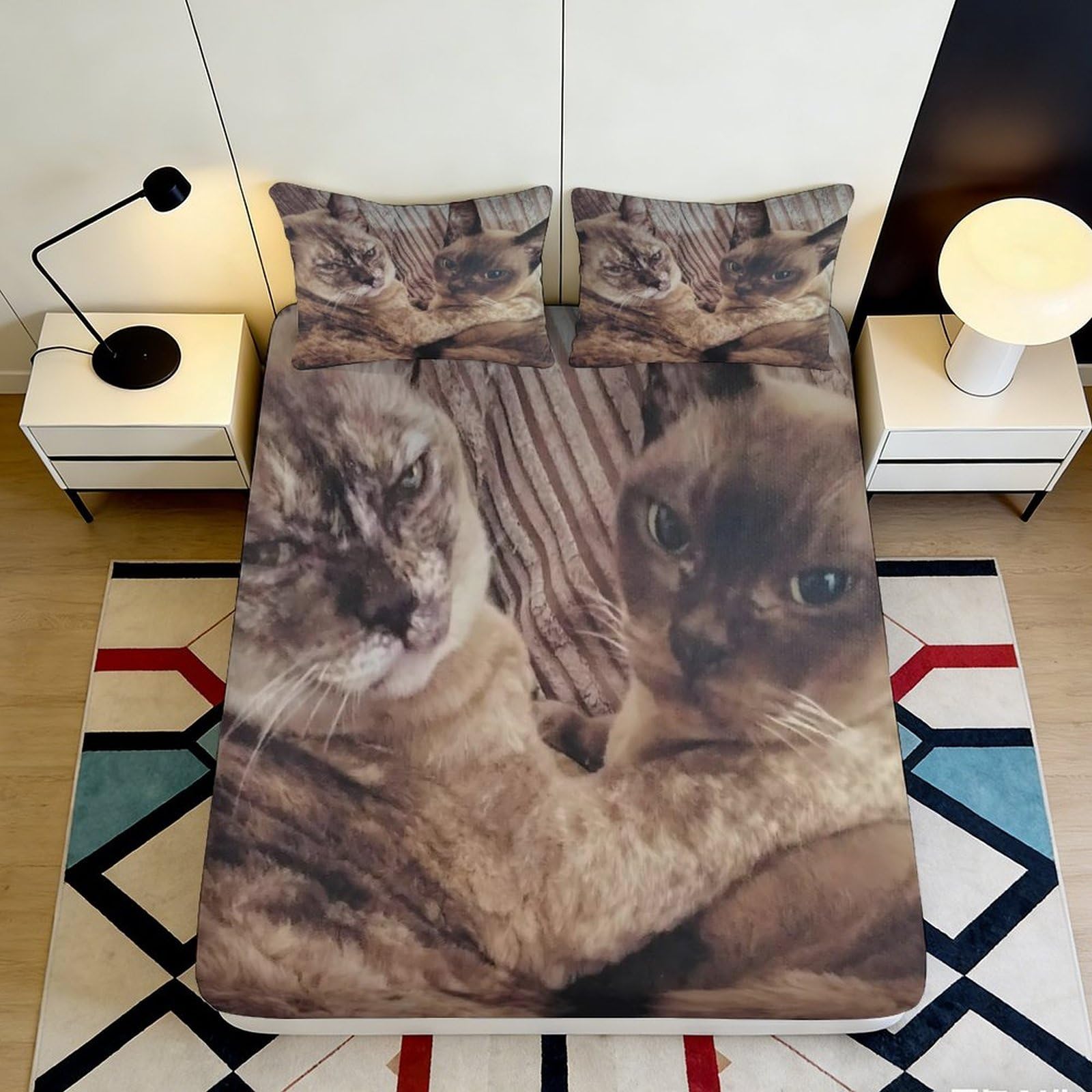 3D Printed Tabby Cat Fitted Sheet Microfiber Soft Brown Siamese Mattress Cover Bedroom Dorm Decor Protector 90x200x25cm