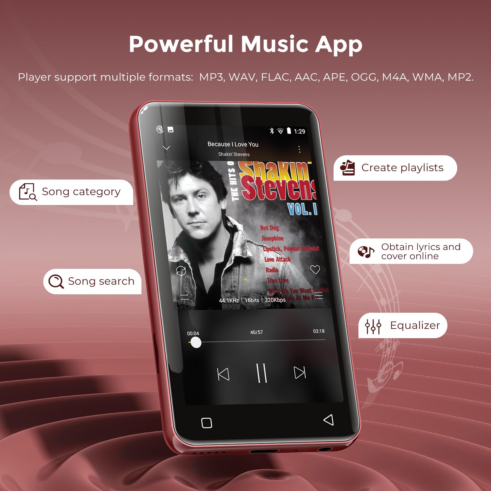 Innioasis 80 GB Reproductor MP3 con Bluetooth y WiFi, Reproductor de música Mp3 y Mp4 ave Spotify, Kids, Tidal, Deezer, Reproductor de vídeo de pantalla táctil de 4 pulgadas 1080P (negro+rojo)