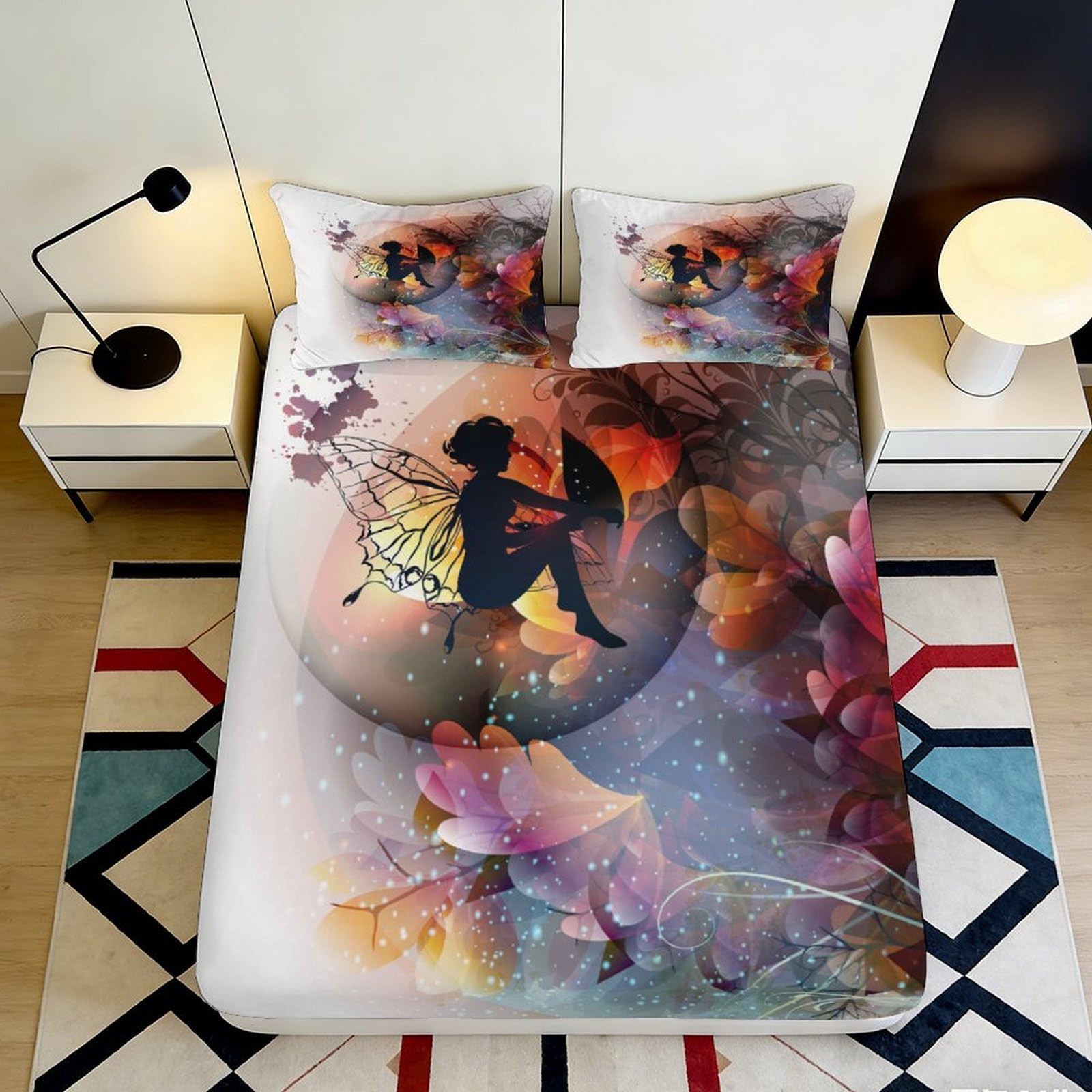 3D Printed Fairy Moon Fitted Sheet Microfiber Soft Breathable Floral Dream Mattress Cover for Bedroom Decor 90x200x25cm