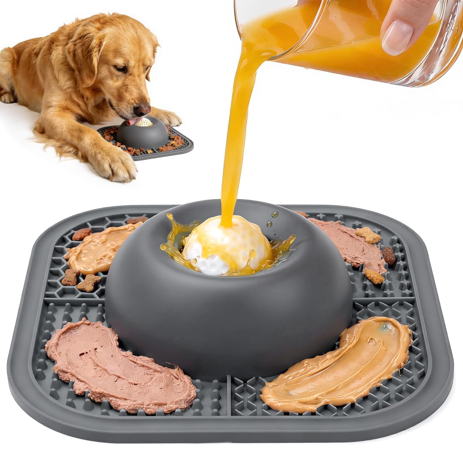 Slow Feeder Dog Bowls &amp; Lick Mat for Liquid and Thick Treat, Anti-Slip Dog Lick Bowl with Interactive Rolling Ball, 5/6 Cup Pup Licking Toy for Large Medium Small Dogs and Cats Gray
