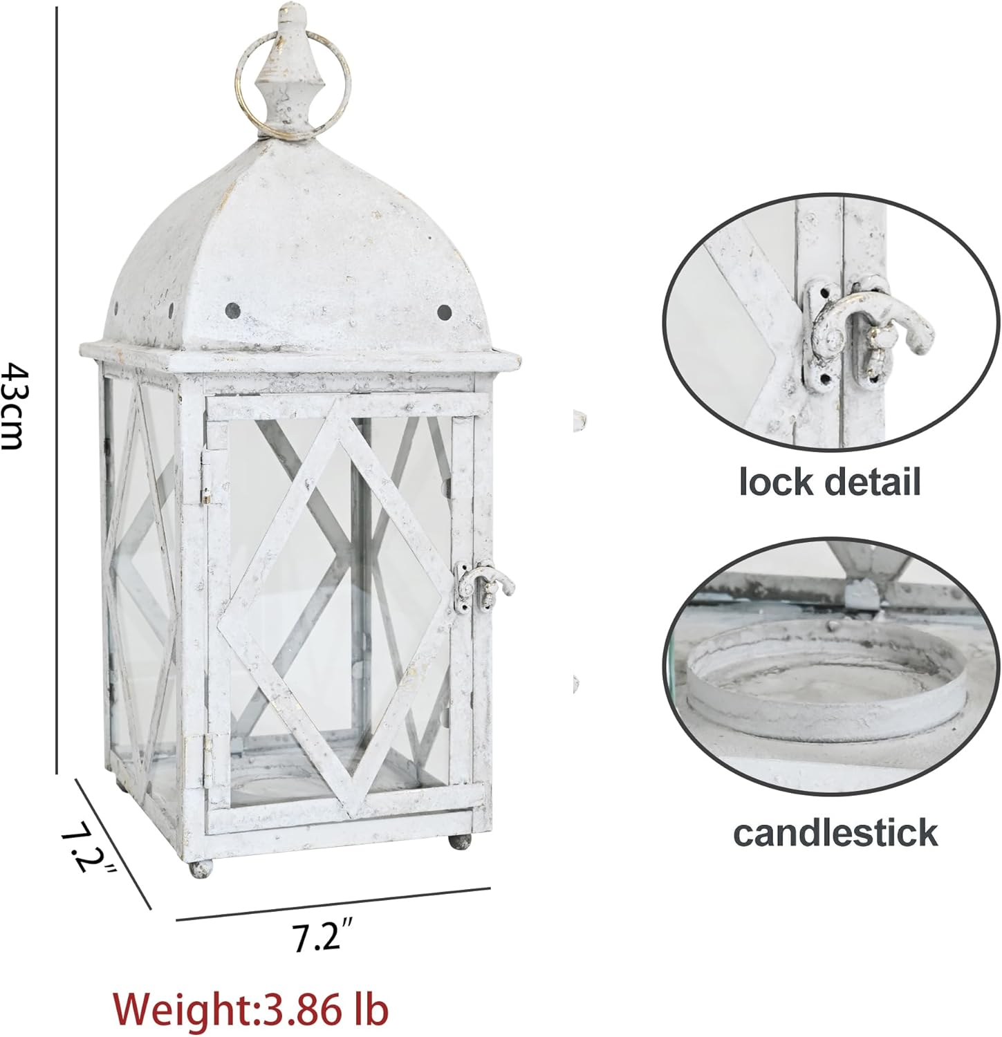 17" Vintage Distressed White Metal Lantern, Glass Paneled Hanging Candle Lantern, Rustic Farmhouse Decor for Indoor & Outdoor Patio, Garden, Wedding & Entryway Display