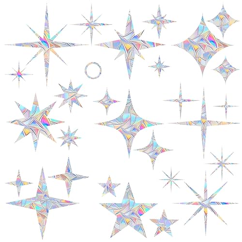 30 Pcs Star Ring Circle Window Clings - Anti-Collision Decals to Save Birds, Non-Adhesive Rainbow Stickers