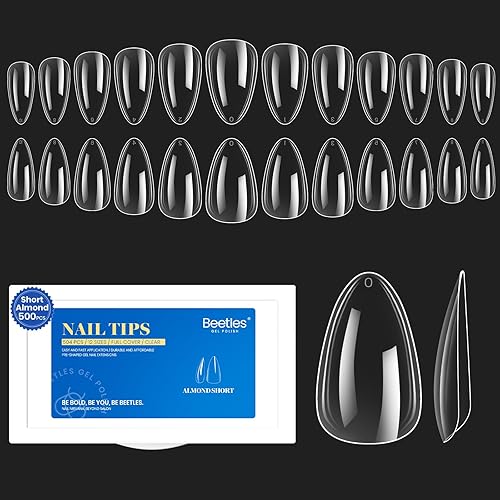 Beetles - Kit de extensión de uñas de gel suave, 504 piezas de uñas de gel a presión de almendras cortas transparentes para cobertura completa,