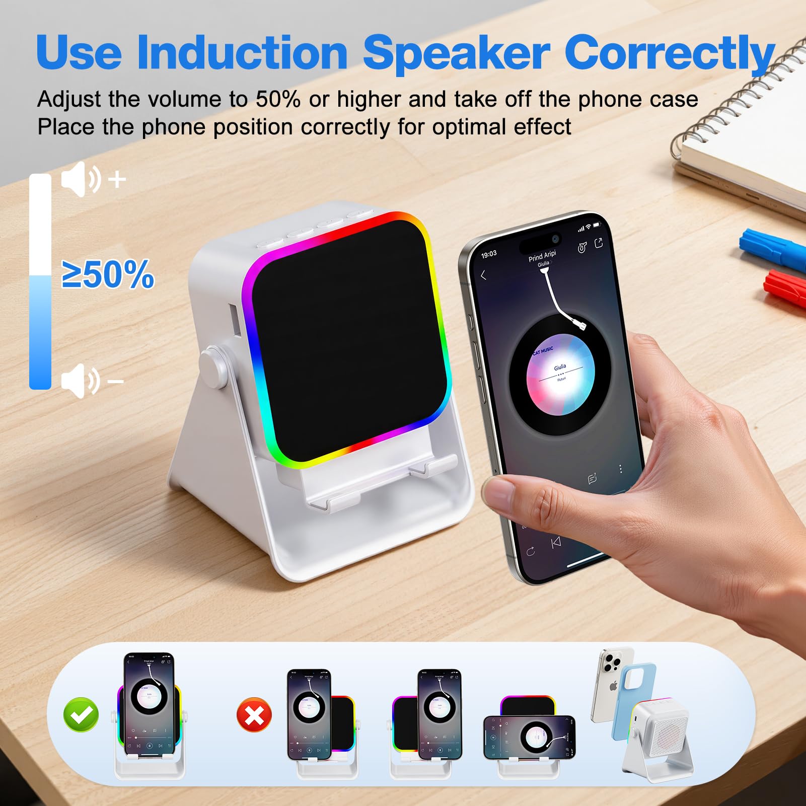 TARKARI Altoparlante wireless a induzione, altoparlante Bluetooth con supporto per telefono e luce RGB, suono surround HD, compatibile con iPhone, Android, iPad, Samsung, regalo di compleanno per