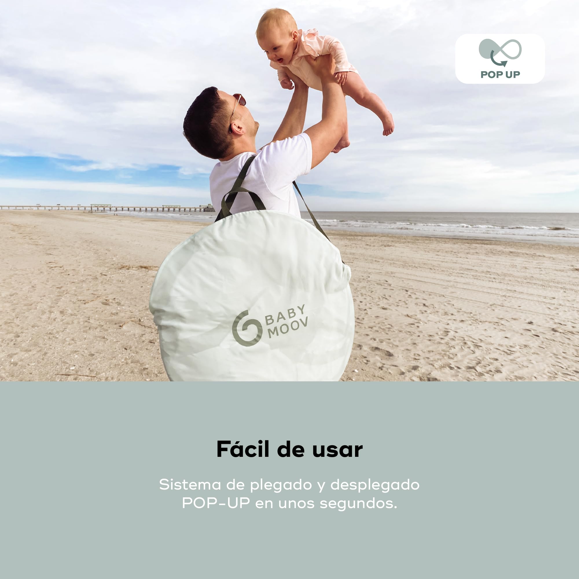 Babymoov Moov & Protect Tienda Anti-UV Refrescante - Alta Protección Anti-UV UPF 50+ - Sistema Pop Up - Gran Tienda Anti-UV de Playa - Mosquitera de Malla Fina, Laguna Verde