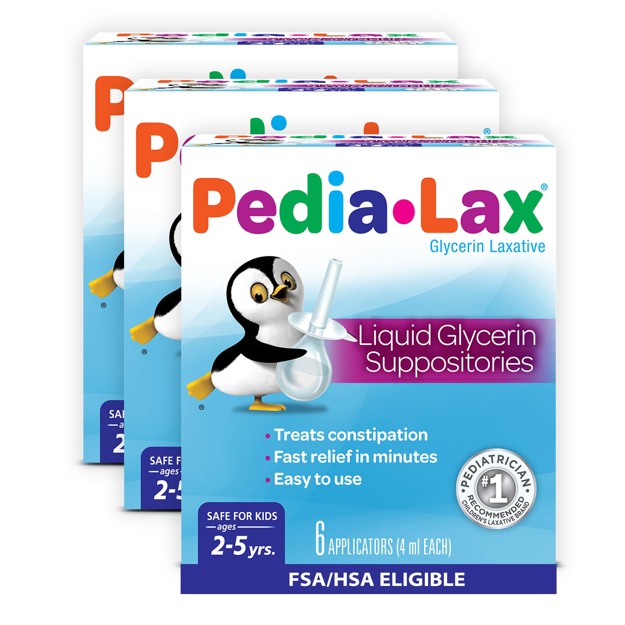 Pedia-Lax Laxative Liquid Glycerin Suppositories for Kids, Ages 2-5, 6 CT, 3 Pack