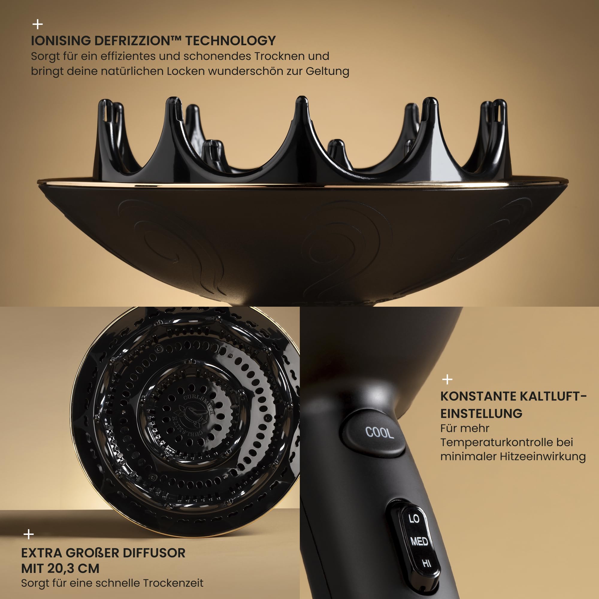 Curlsmith Defrizzion Travel Edition Föhn | Haartrockner mit XL-Diffusor, Lockiges und welliges Haar, Kompakt, Klappbar, Dual-Voltage, 15.2 cm diffuser